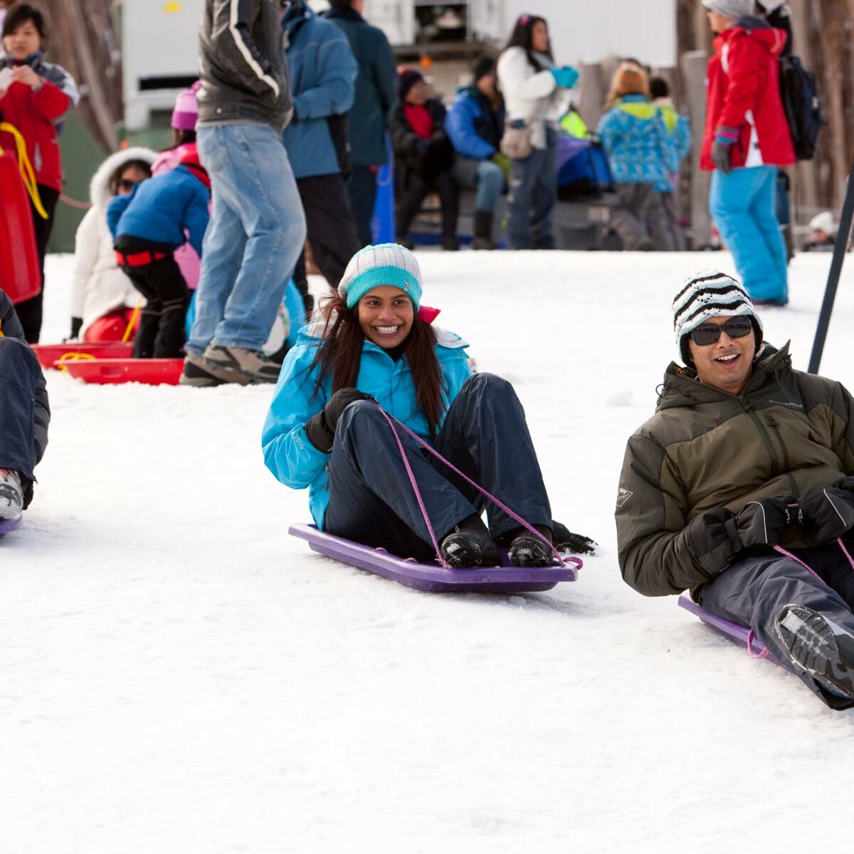 Guests enjoying tobogganing Guests enjoying tobogganing in The Lake Mountain Alpine Resort