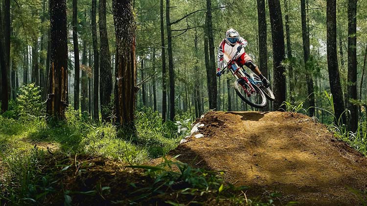 a person wearing mountain bike clothing getting air over a jump along a mountain bike trail