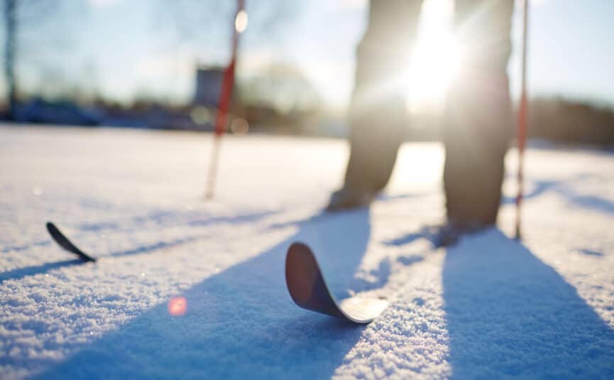 A person cross country skiing in the snow
